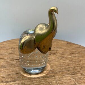 Elephant Art Clear Glass Brass Vintage Paperweight